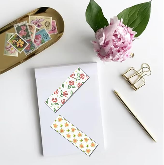 FREEBLOSS 6 PCS Cross Stitch Bookmark Kits for Beginner Stamped Cross Stitch Kit DIY Embroidery Bookmark Kit with Instructions, Flower and Leaves Pattern 8" x 2.4"
