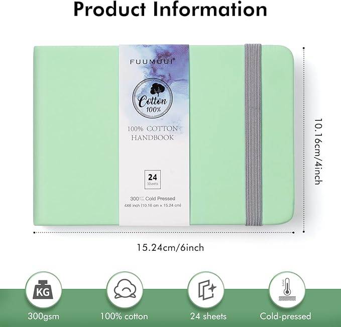 Watercolor Journal, Fuumuui 4"x6" Watercolor Sketchbook with 24 Sheets 140 LB (300 GSM) Cotton Paper for Painting, Drawing, Art Journaling, Sketchbook As Travel Notebook