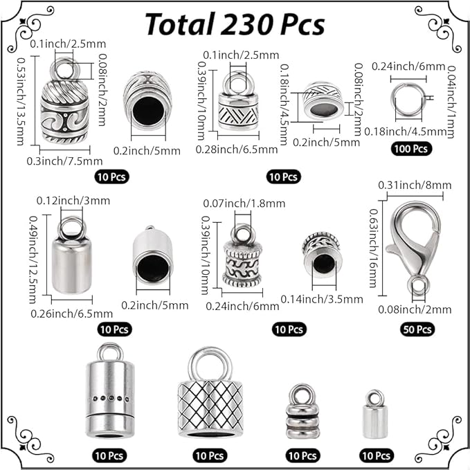 SUNNYCLUE 1 Box 230pcs Leather Cord Ends Kumihimo Cord Ends Alloy Vintage Antique Silver Glue in Crimp End Caps with Lobster Clasps Jump Rings for Jewelry Making Kit Bracelet Accessories Craftings