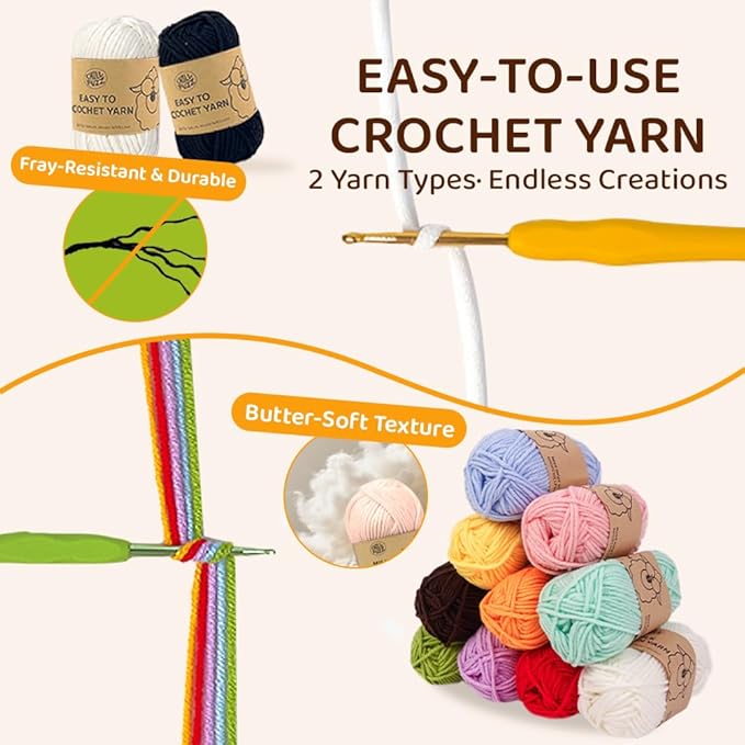 ChillFuzz Crochet Kit for Beginners 85 Piece Complete Crochet Set with Yarn, Hooks, Pattern Book – Beginner Crochet Kit for Adults & Kids with Tutorials, Great Christmas Gift for Craft Lovers Basic