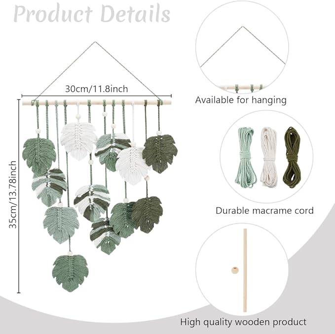 FREEBLOSS DIY Macrame Leaf Wall Hanging Beginners Macrame Kit Leaf Woven Tapestry Feather Wall Hanging 4 Green Colors Cotton Cord DIY Hanging Ornament Kit for Adults Birthday Gift
