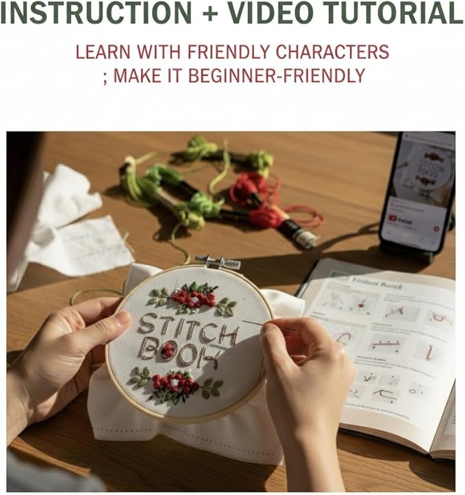 TenDawn Basic Embroidery Starter Kit – 12 Essential Stitches, Fabric Practice Book for Beginners, Easy Entry Sewing Set