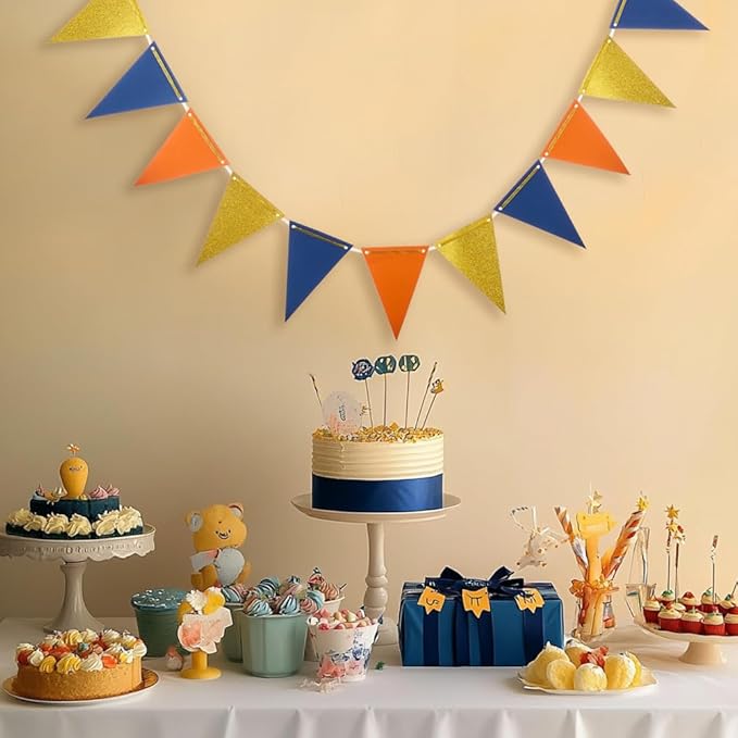MOWO Gold Blue and Orange Pennant Banner Paper Bunting Hanging Decoration for Graduation Birthday Wedding Retirement, Pack of 30 Counts Pennant, 20 feet