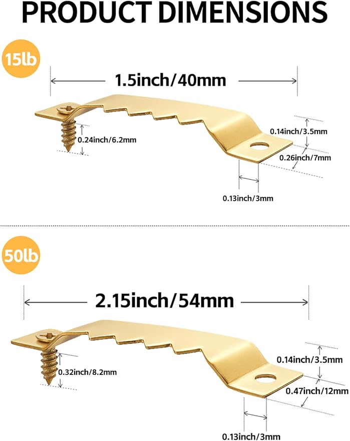 60 Pack Sawtooth Picture Hangers – Small & Heavy-Duty Wall Hanging Kit, 2 Sizes for Photo Frames, Art, Paintings, Canvas Hooks, and Picture Hanging Hardware Gold