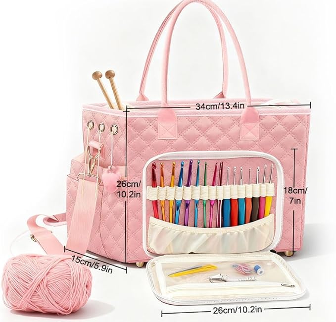 VERONLY Crochet Bag Yarn Storage, Large Knitting Tote with Padded Crochet Hook Organizer, Tote with Multiple Compartments for Crochet Lovers, Knitting Accessories, Unique Valentines Gifts for Her