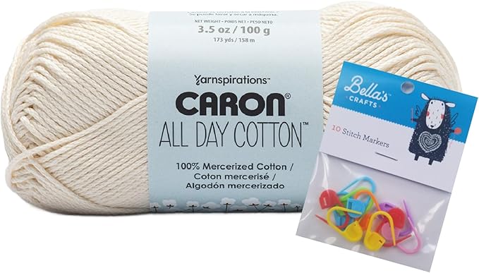 Caron All Day Cotton Yarn - 100g/3.5oz - 100% Mercerized Cotton - 173 Yards Bundle with Bella's Crafts Stitch Markers (Cream)