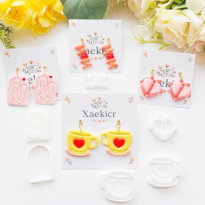 Mother’s Day Polymer Clay Cutters & Stamps Set - 12pcs Sharp & Durable Tea Cup, Cake, Heart, MOM & Silhouette Shapes for DIY Earring Jewelry Making, Soft Clay Crafts & Holiday Supplies