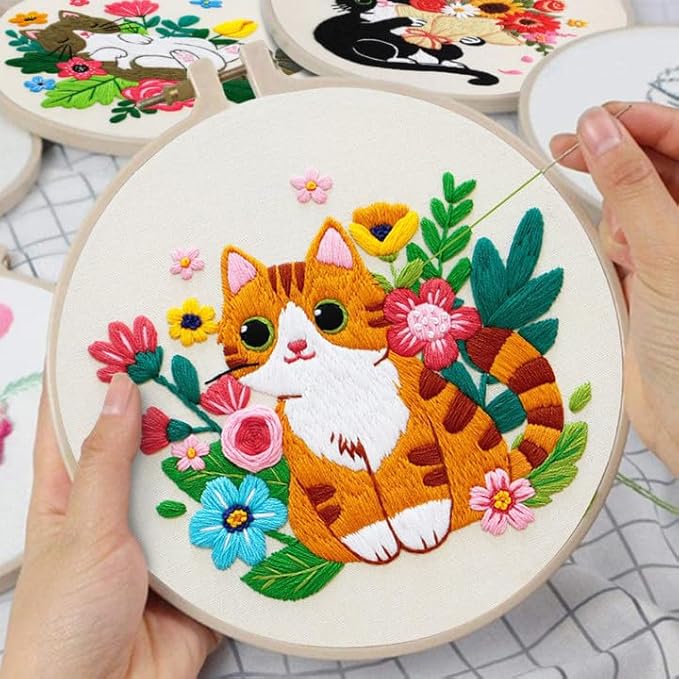 Nuberlic Cat Embroidery Kit for Adults Beginners - 3 Pre-Printed Animal Patterns, Adults Starter Cross Stitch Kit DIY Needlepoint