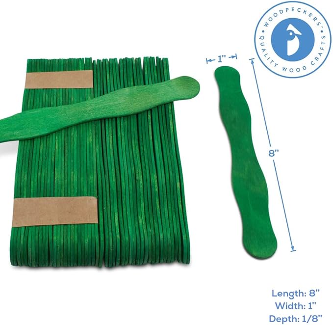 Wooden Green 8" Fan Handles, Wedding Programs, Paint Mixing, Pack 200, Jumbo Craft Popsicle Sticks for Auction Bid Paddles, Wooden Wavy Flat Stems for Any DIY Crafting Supplies Kit, by Woodpeckers