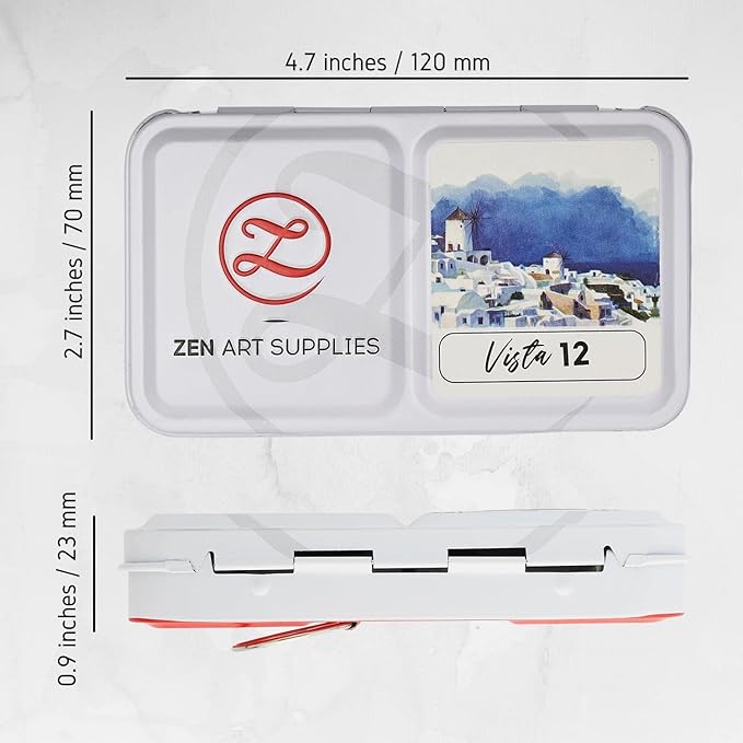 ZenArt Supplies Professional Watercolour Paint Set Vista - Non-Toxic 12 Half-Pan in Metal Tin Palette Portable Travel Vibrant Water Color, (SPN0022-PW12S-C)