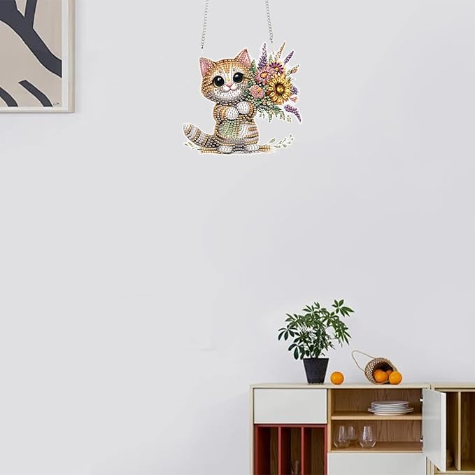 TDFERAN Diamond Art Hanging Pendants Cat Mosaic Making Kits by Kits Home Decoration Pendant Diamond Art Hanging Sign Onament Art Wind Chimes Hanging Pendants for Wall Home Decor