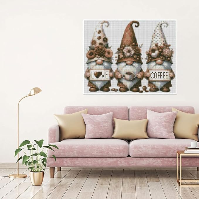 stamping cross stitch kit gnome and flowers, counting cross stitch kit for adult beginners coffee, full line diy cross stitch stitching kit for home decor cross stitch patterns 15.7x11.8inches