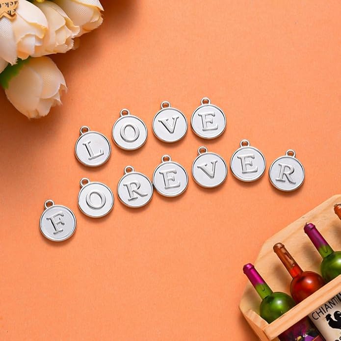 208Pcs/8 Sets Silver Letter Charms A-Z Alphabet Metal Initial Charms kit for Jewelry Making DIY Bracelets Necklaces and keychain making