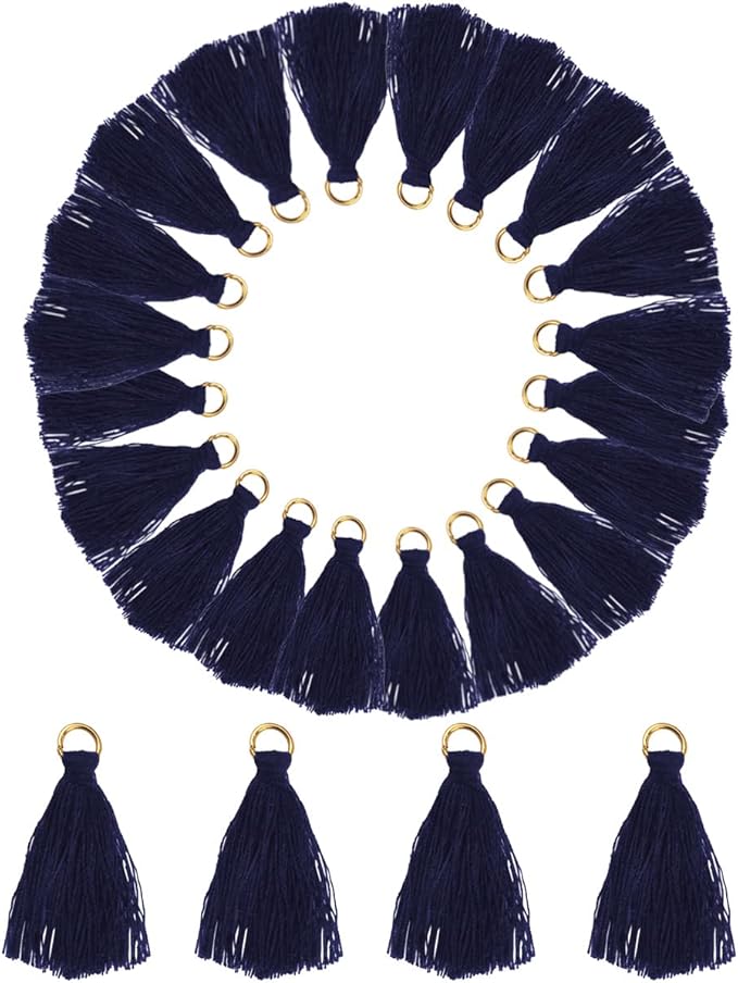 MSCFTFB 100 Pieces Mini Tassels Mala Tassel Kit with Jump Rings for Earring Necklace Jewelry Making Garland Keychain Charms Crafts Decorations(Navy)
