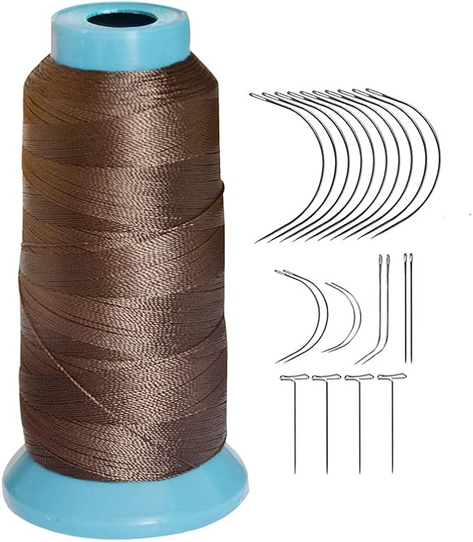 YANTAISIYU Dark Brown Polyester Sewing Thread, 1500 Yards, 210D Strength, with 12pcs C Type Needles, for Wigs, Hair Extensions, DIY Sewing, Leather, Wallets, Gloves, Beading