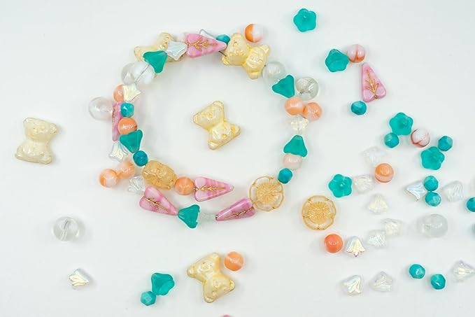 1.4oz (40g) Limited Mix of Czech Glass Beads, Hand Made Set Kit, Pink Turquoise Beige Cute Bear