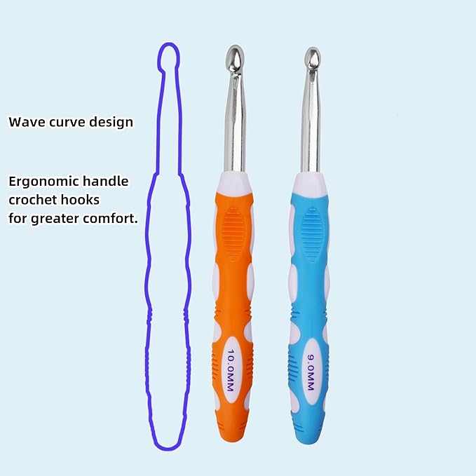 9mm 10mm Crochet Hook, Smooth Metal Head and Soft Rubber Grip Extra Long Ergonomic Crochet Hooks for Arthritic Hands, Beginners and Crochet Enthusiast