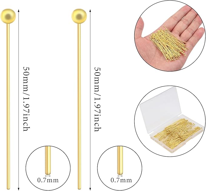 200 Pcs 50mm Straight Ball Pins for Craft Earring Bracelet Necklace Pendant DIY Jewelry Making, Gold Color