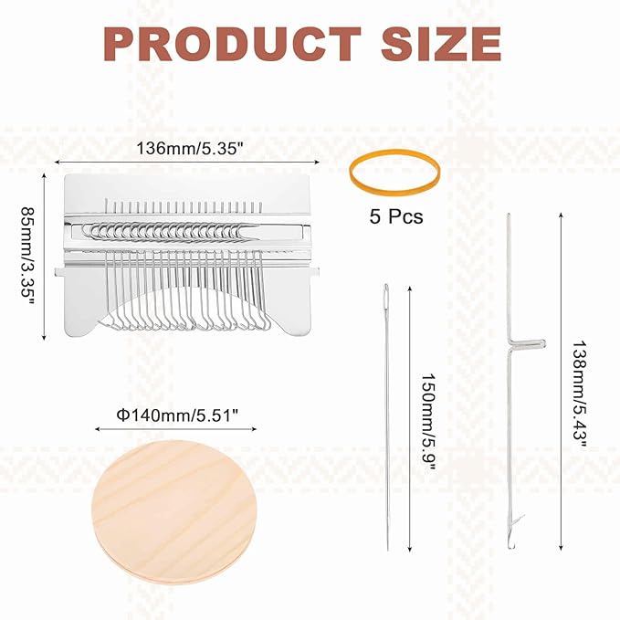 MECCANIXITY Mini Darning Loom, 21 Hooks Wood Weaving Knitting Machine with Knitting Needles for Repair Jeans Socks DIY Craft, Knit Patch Loom Weave Tool, Silver
