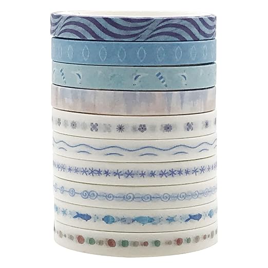 Vintage Pattern 5mm Wide Skinny Washi Tapes Set, 10 Rolls Blue Japanese Masking Decorative Tapes for Bullet Journal Planners DIY Decor Crafts Arts Scrapbooking Adhesive