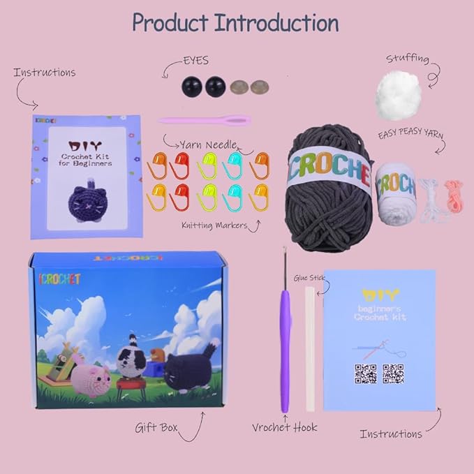 Crochet Kit for Beginners,Crochet Starter Kit with Step-by-Step Video Tutorials,DIY Crochet Animal Kits for Adults Kids,Complete Kit Included (Grey Cat)