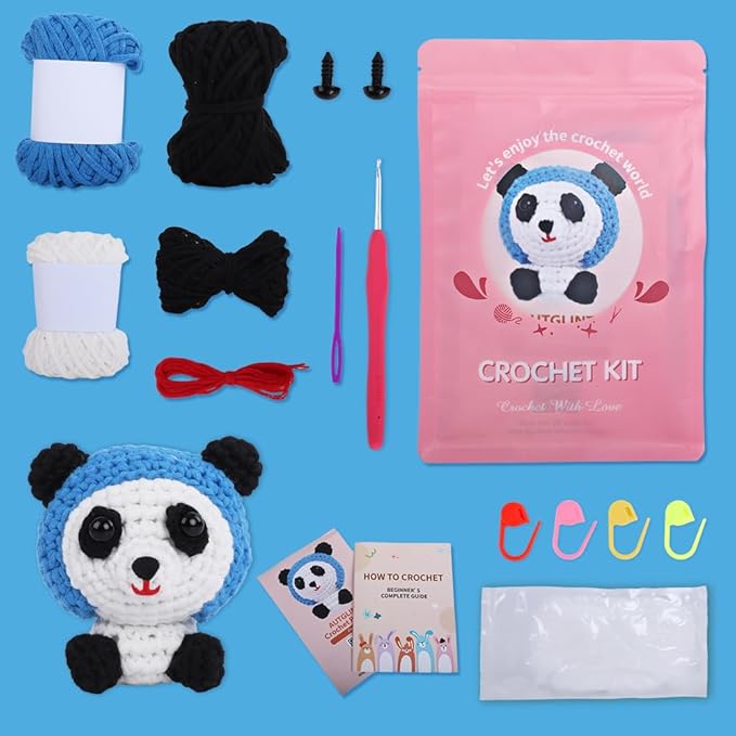 Autglint Panda Crochet Kit for Beginners, Learn to Crochet Starter Kit with Pre-Started Yarn & Easy-to-Follow Video Tutorials, DIY Amigurumi Animal Kit for Adults Kids Gift