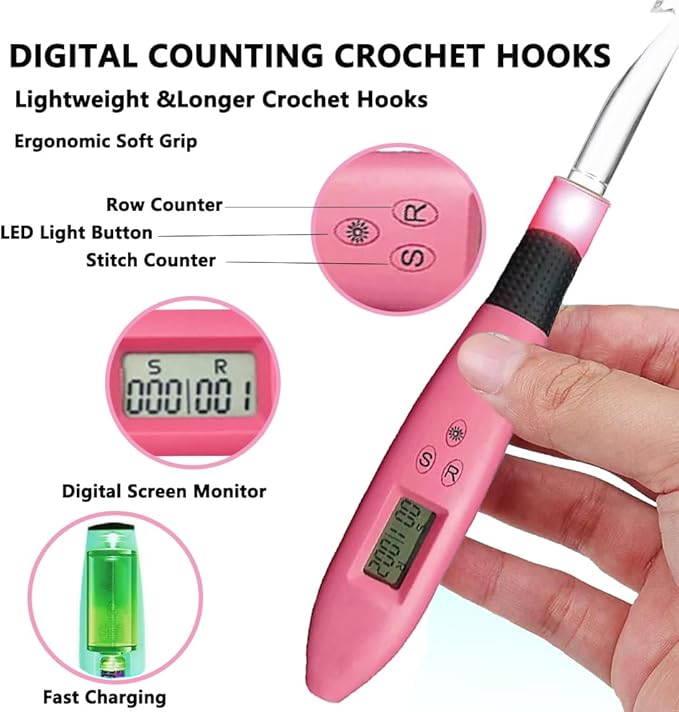 Light Up Crochet Hooks Set-Crochet Hooks Set Digital with 24 Interchangeable Crochet Kit,Lighted Crochet Hooks with 2 Levels Led,Beginner Knitting Kit for Stitch & Row Counter