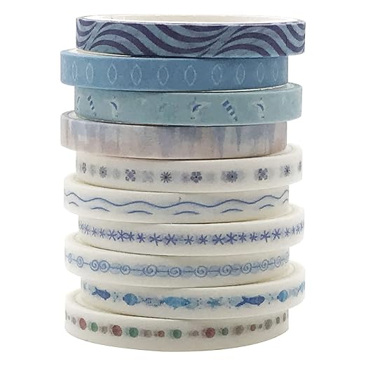 Vintage Pattern 5mm Wide Skinny Washi Tapes Set, 10 Rolls Blue Japanese Masking Decorative Tapes for Bullet Journal Planners DIY Decor Crafts Arts Scrapbooking Adhesive