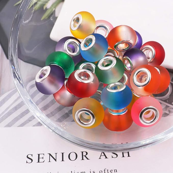 AIPRIDY 100Pcs 15x11mm Painting Murano Large Hole Glass Beads Mix Color with Silver Brass Cores European Charm fit Bracelet Necklace (Rubber Effect Bicolor)
