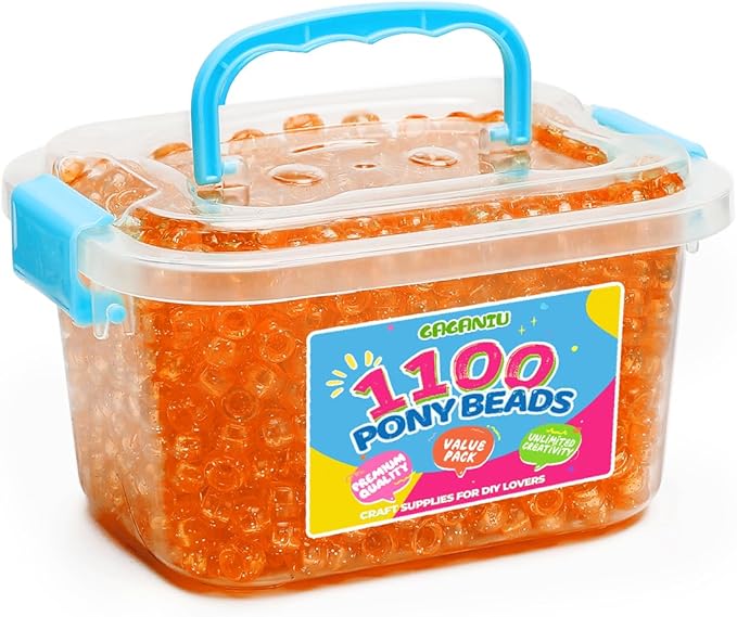 gaganiu pony beads 1100+ pcs – glitter orange plastic kandi beads in jar for bracelets, hair braids, jewelry making & diy crafts