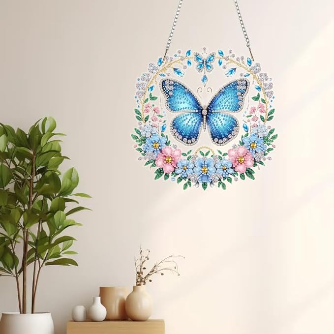 Masendp Hanging Diamond Art Set, Butterfly Flower 5D Special Shape Diamond Art Painting Window Pendant, DIY Double Sided Diamond Artist Home Garden Wall Hanging Decoration