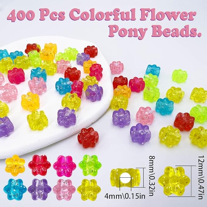 MIIIM 400 Pcs Glitter Flower Pony Beads Shapes for Friendship Bracelet, Large Hole Kandi Beads for Hair Braids, Jewelry Making (Multi-Glitter)
