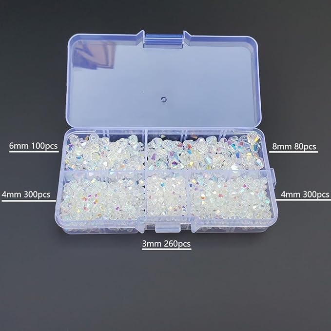 White AB Bicone Glass Beads for Jewelry Making, Faceted Crytal Spacer Beads for Bracelet Necklace Earring (3mm 4mm 6mm 8mm Mixed Sizes, 1040pcs)