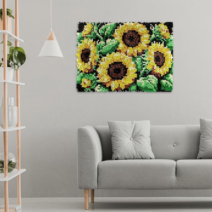 veirousa Sunflowers Latch Hook Kits for Adults, Beginners Flowers Latch Hook Rug Starter Kit Pre-Printed Carpet Making Set DIY Handmade Wall Hanging Craft for Home Decoration 20x15 inch