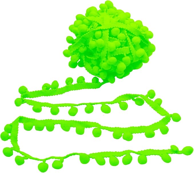Homiest 10 Yards Pom Pom Trim for Sewing, 1 Inch Wide Neon Green Ribbon Bundles Textured Fabric Fringe Ribbon, 13mm Ball Pompom Trim for DIY Crafts Curtain Clothes Pillow Home Decoration