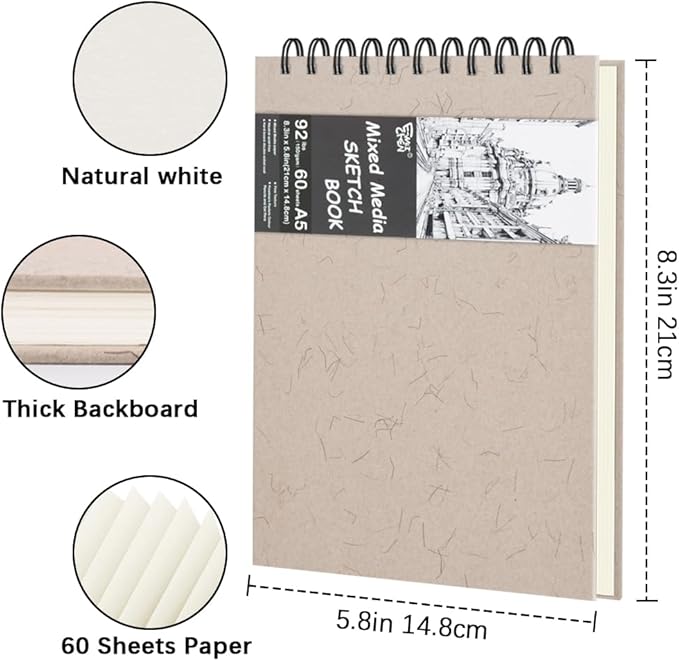 8.3" x 5.8" Hardcover Sketchbook, Top Spiral Bound Art Journal Sketchbook, 60 Sheets 92LB/150 GSM Acid-Free Drawing Neutral White Mixed Media Paper for Adults Beginners Artists.Beige