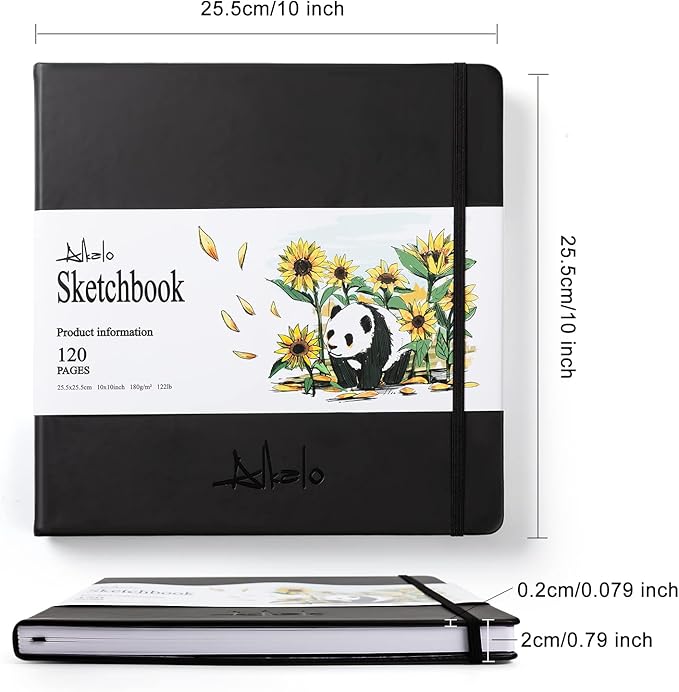 Square Sketchbook for Drawing, 120 Pages Sketch Book, 122LB/180GSM Thick Paper, Mixed Media Sketchbook for Charcoal Pencil, Inks Pen, Colored Pencil, Acrylic Marker, Oil Pastel