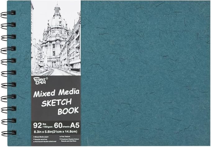 5.8x8.3in Sketch Book, 60Sheets Spiral Bound Notebooks, Natural White 92lbs/150gsm Acid-Free Drawing Paper for Painting,Sketching, Professional Sketch Pad for Artists, Beginners. NW-Blue Green