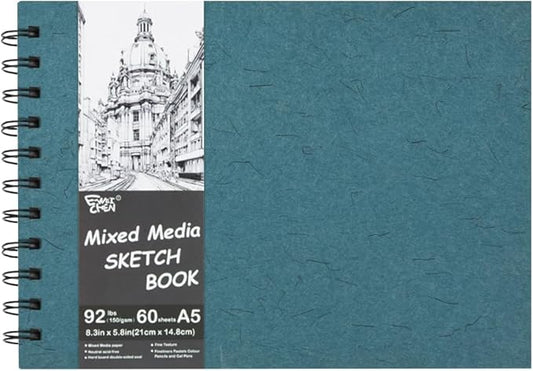 5.8x8.3in Sketch Book, 60Sheets Spiral Bound Notebooks, Natural White 92lbs/150gsm Acid-Free Drawing Paper for Painting,Sketching, Professional Sketch Pad for Artists, Beginners. NW-Blue Green