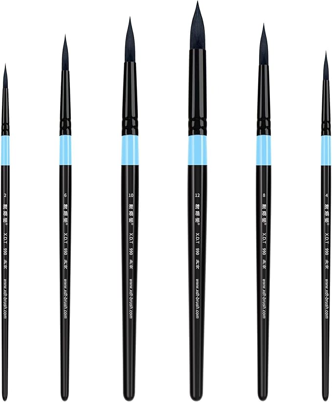 XDT#990 Watercolor Paint Brushes Set, 6Pcs Synthetic Squirrel Hair Artist Round Point Tip Brushes for Gouache Painting, Ink & Watercolor Supplies