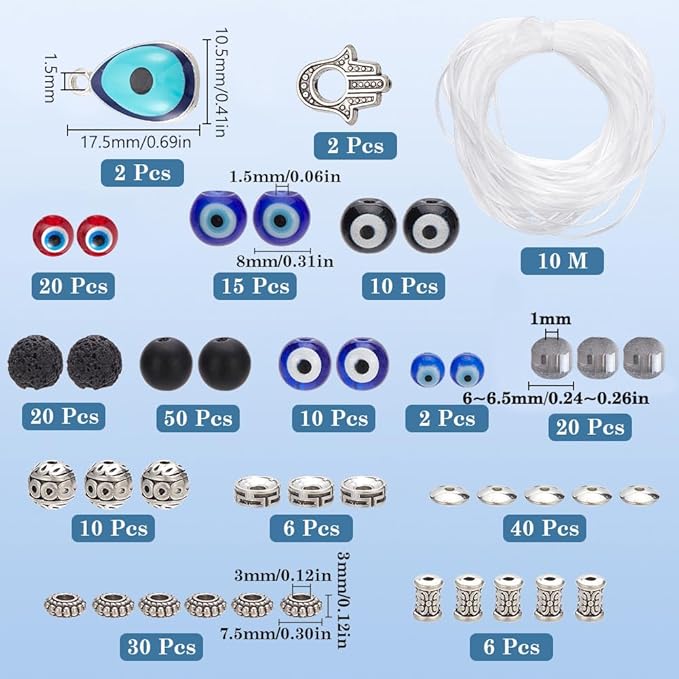 SUNNYCLUE 1 Box 6 Sets Evil Eye Bracelet Making Kits Lucky Hamsa Charms Blue Lampwork Glass Bead Natural Lava Rock Beads Spacer Beads for Jewelry Making Kits Women Adults Bracelets Adults