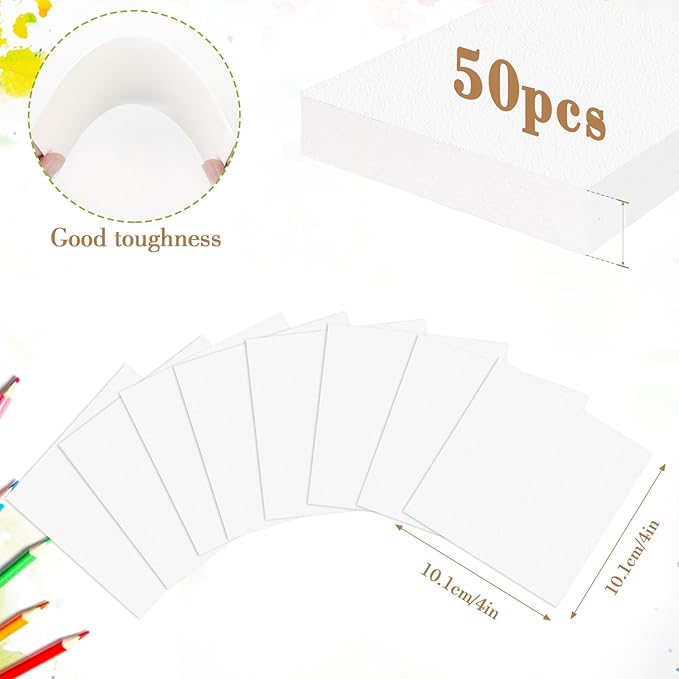 50PCS 4x4 Watercolor Paper Bulk, 140lb/300g Cold Press Thick Water Color Paper Pad for Child Adult, White Art Paper for Drawing Painting Markers Gouache, Textured Cotton Paper Sheets