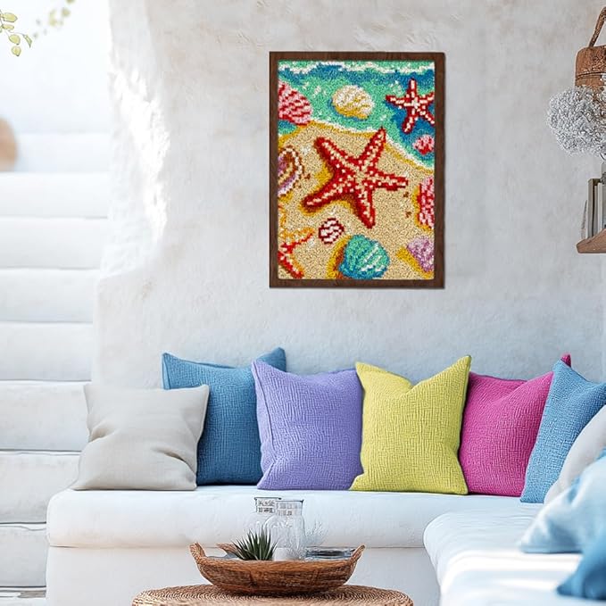 ORIGACH Beach Sea Shells Starfish Latch Hook Rug Kits, Color Stamped Grid Cloth Handmade Rug, Pattern Printed Carpet Kit, DIY Crochet Rug for Adults Home Decoration Festival Gifts 52 x 38 cm