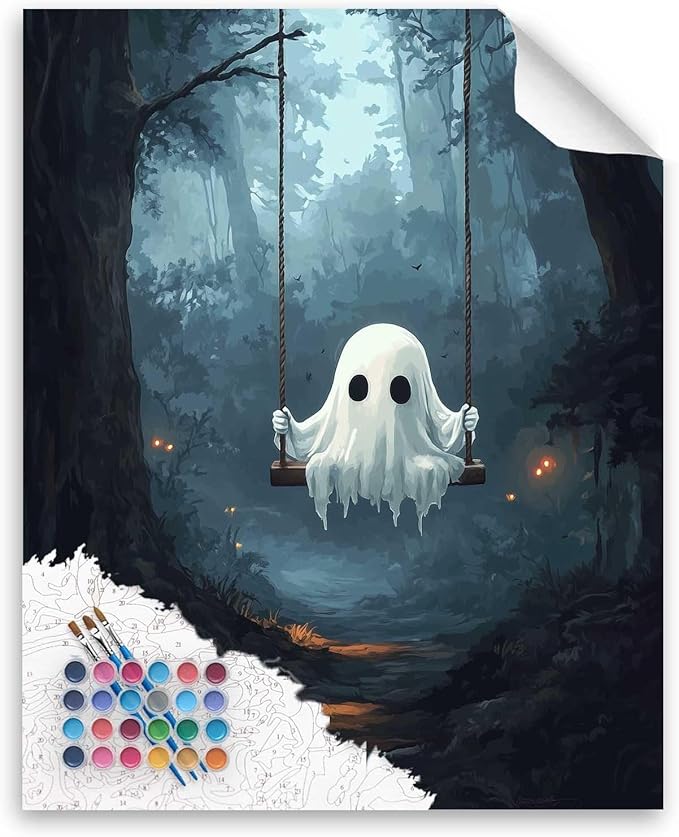 Cawpom Ghost Paint by Number, Spooky Paint by Numbers Kit for Adults, Halloween Ghosts Wall Art, Ghost on Swing Acrylic Painting for Festival Gift, Home Decor - Misty Forest(16x20inch, No Frame)