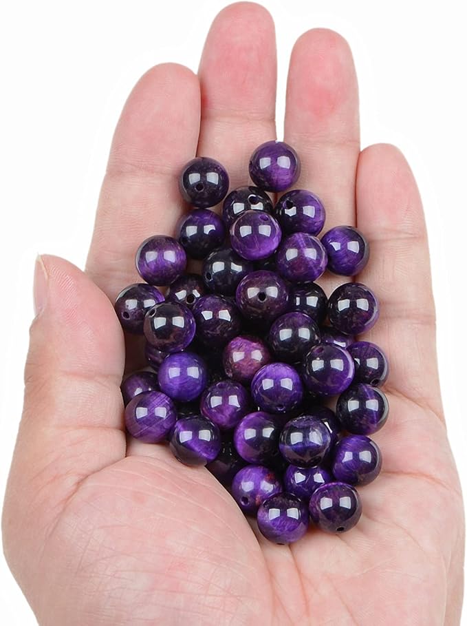 bymitel 90pcs crystal beads stone gemstone round energy healing loose beads with stretch cord for jewelry making bracelets anklets (purple tiger's eye, 10mm 90pcs)