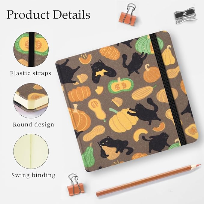 Mifuner Small Square 5x5 80gsm Mini Notebooks Blank Pages Sketchbooks Travel Journal Pocket Hardcover Paint Writing Notebook Blank Diary Memo Planner Sketchbook Fabric Cover, Pumpkin Cat