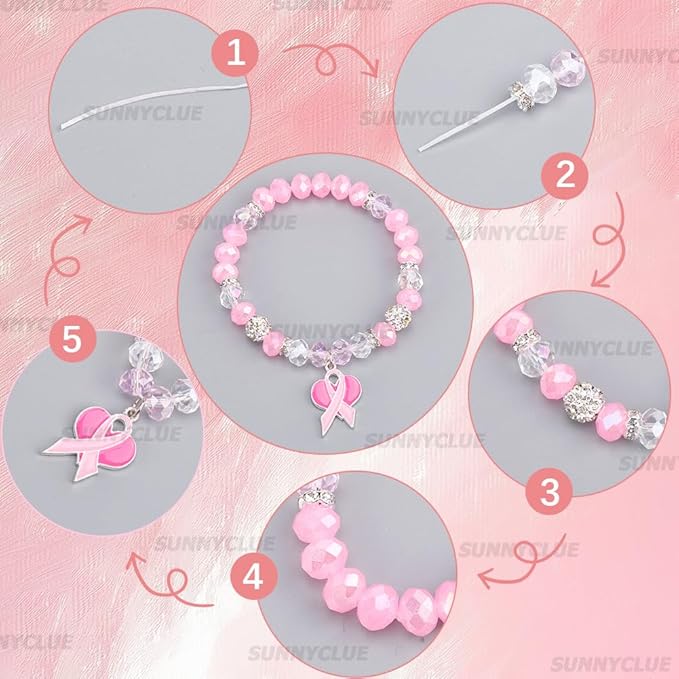 SUNNYCLUE 1 Box 6 Sets Pink Bracelet Making Kit Breast Cancer Awareness Bracelets Glass Beads Bow Heart October Ribbon Charms for Jewelry Making Kits Supplies Handmade Women Beginners Adults Starter