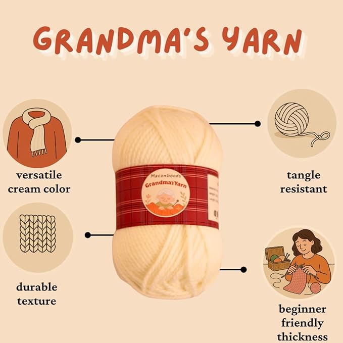 MaconGoods Grandma's Knitting Kit - Complete Knitting Kit for Beginners - Includes Beginner Yarn, Bamboo Needles, Video Tutorial, and Written Guide & More - Easy Learn to Knit Kit