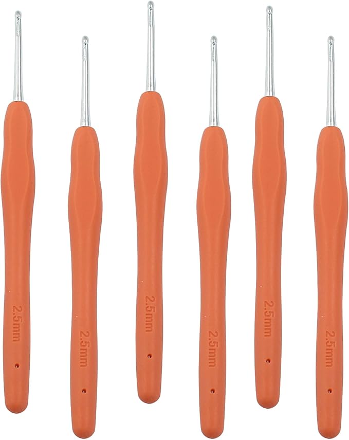 suiwotin 6pcs 2.5mm Crochet Hook, US Size C (Size 2) Aluminum Crochet Hook Set, Rubber Handle Ergonomic Knitting Needles for Yarn DIY Crafts Projects