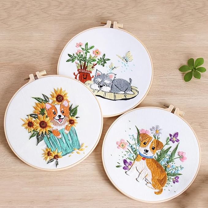 COCOMOX 3 Sets Embroidery Kit for Beginners, Dog Flower Pattern Embroidery Practice Kits for Adults, Hand Embroidery Kit, Easy to Follow Instruction and Video